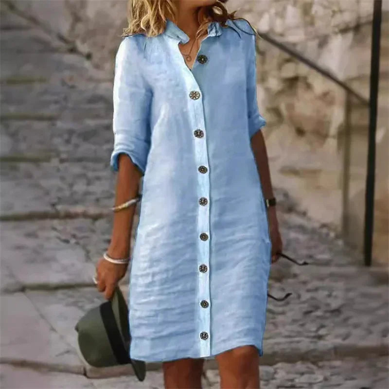 MC | Cotton and linen shirt dress with half-length sleeves