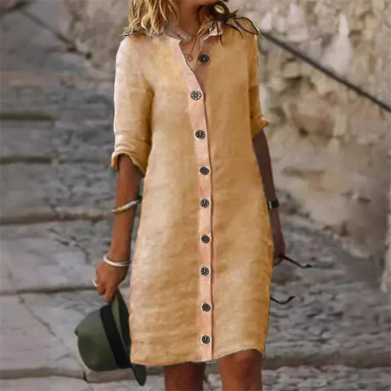 MC | Cotton and linen shirt dress with half-length sleeves