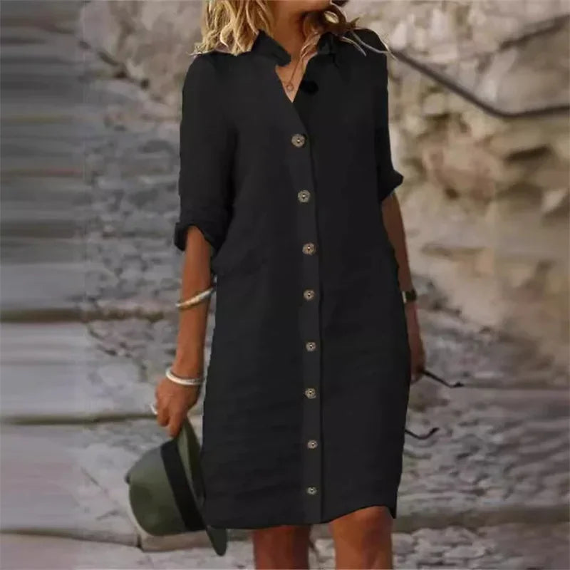 MC | Cotton and linen shirt dress with half-length sleeves
