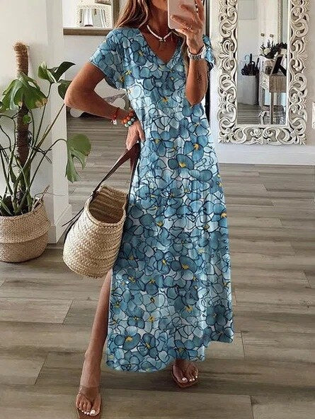 MC | Short-sleeved maxi dress with V-neckline