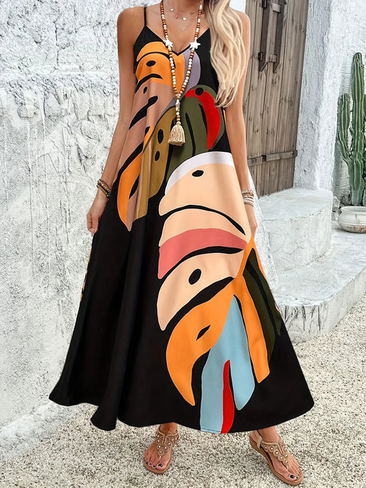 MC | Tropical dress with V-neck and leaf print for women