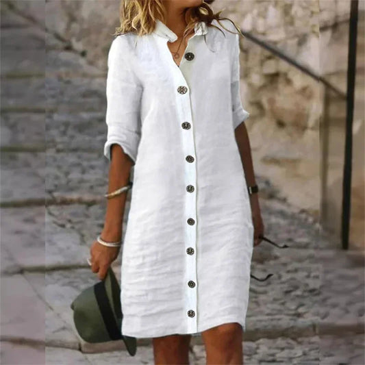 MC | Cotton and linen shirt dress with half-length sleeves