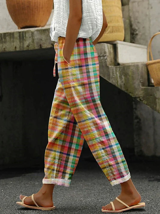 MC | Multicolored pastel checkered trousers for women